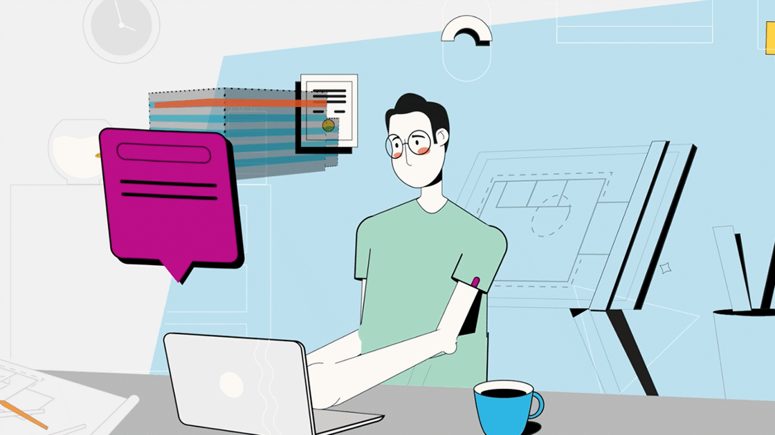 Rysunek osoby siedzącej przy komputerze i piszącej maila. W tle grafiki przedstawiające stół kreślarski, paletę płyt, certyfikaty, plany, rysunki CAD.