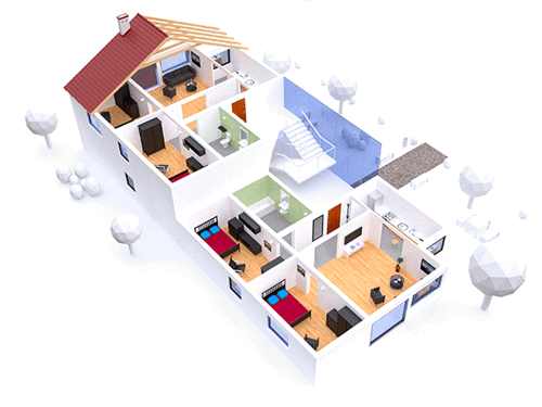 Render obiektu mieszkalnego. Białe ściany, brązowa podłoga. Obiekt dwukondygnacyjny z pomieszczeniami typu sypialnia, salon kuchnia, jadalnia, przedpokój, łazienka, WC, poddasze użytkowe.