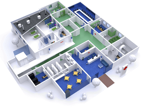 Render obiektu – szpitala.  Białe ściany, rozmieszczone pomieszczenia głównie białe – sala operacyjna, sala RTG, izba przyjęć, poczekalnia, kuchnia, magazynek oraz serwerownia. Niebieska i zielona wykładzina.