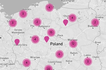 Mapa Polski z zaznaczonymi punktami dystrybucji produktów Siniat. 