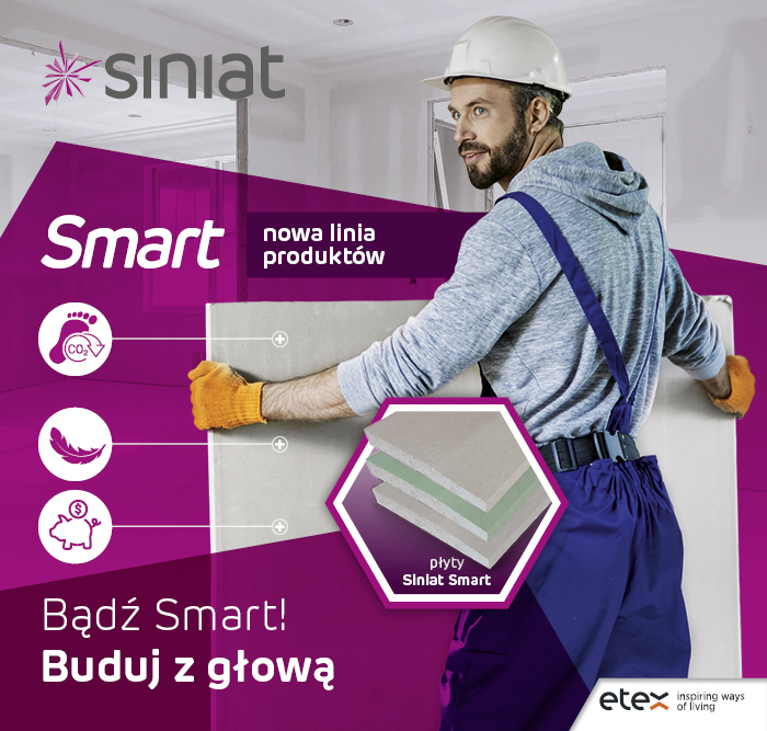 Wykonawca prezentujący płytę gipsowo-kartonową Siniat Smart. Na grafice zastosowano ikony prezentujące benefity płyt takie jak przyjazność środowisku, ograniczonyn ślad węglowy, oszczędność kosztów i komfort pracy