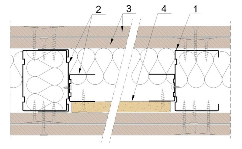 Rysunek 2. Schemat połączenia sufitu podwieszonego ze ścianą nośną (Opis: 1 Płyta gipsowo-kartonowa Nida, 2 - Profil dolny nośny Nida CD60, 3 Blachowkręty Nida, 4 Kołek rozporowy, 5 - Profil przyścienny Nida UD27). 