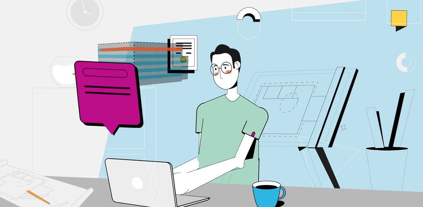 Rysunek osoby siedzącej przy komputerze i piszącej maila. W tle grafiki przedstawiające stół kreślarski, paletę płyt, certyfikaty, plany, rysunki CAD.