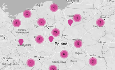 Mapa Polski z zaznaczonymi punktami dystrybucji produktów Siniat. 