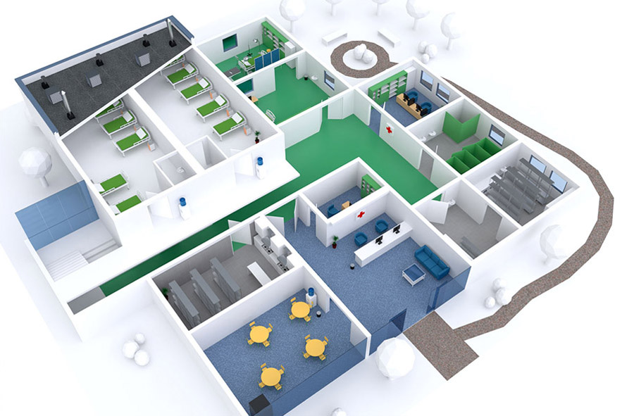 Rysunek przedstawiający rozkład szpitala z zastosowaniem ścian kartonowo-gipsowych